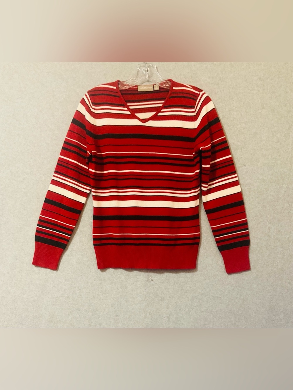 croft & barrow Wome's Red, White & Black Striped V-Neck Sweater Sz S